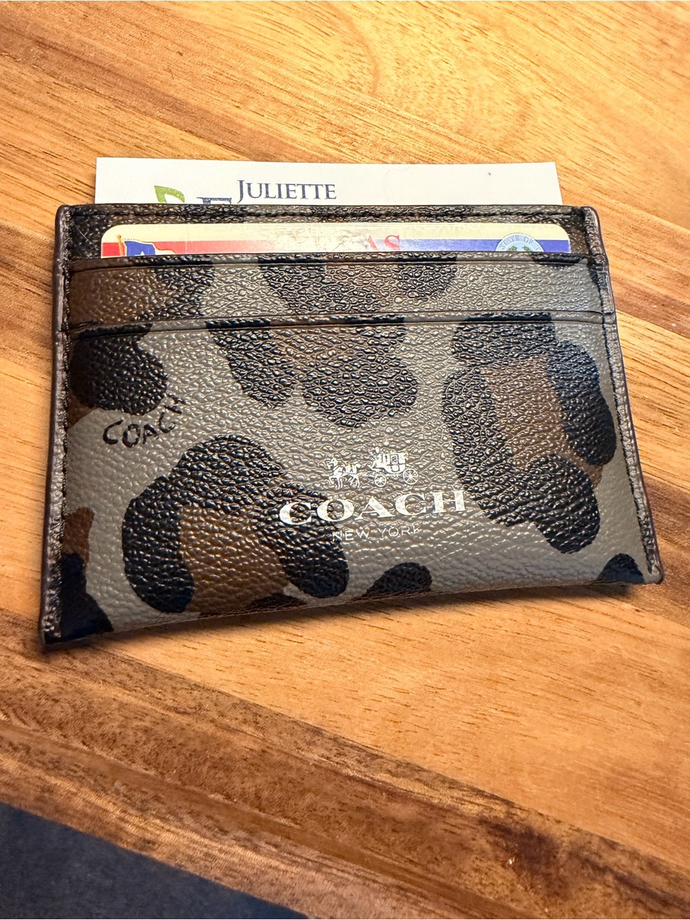 COACH Leopard Print Card Holder in Gray and Brown